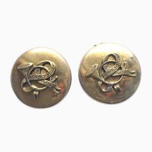 Hermes Vintage Gold Tone Round Earrings With Trumpet And Ribbon Design, Set of 2