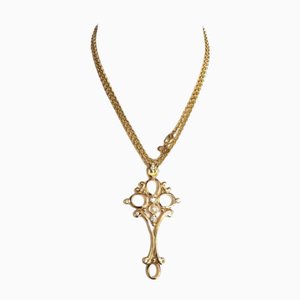 Long Chain Necklace with Crystal and Pearl Cross Key Design Pendant Top by Christian Dior