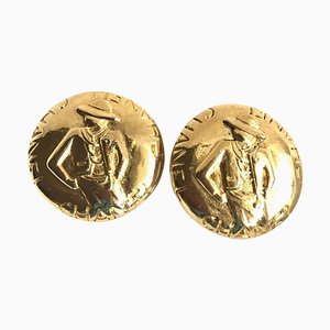 Vintage Gold Tone Round Earrings with Mademoiselle Figure from Louis Vuitton, Set of 2