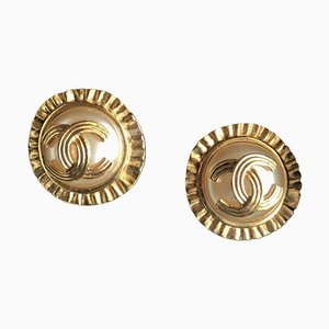 Vintage Golden Round Earrings with Sun and CC Mark Motif Faux Pearl from Chanel, Set of 2