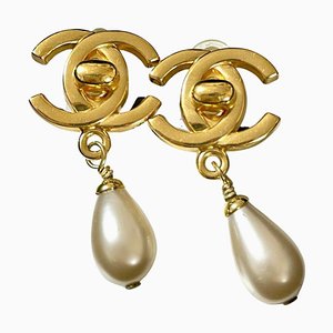 Vintage Teardrop Faux Pearl and Turn-Lock CC Dangle Earrings from Chanel, Set of 2