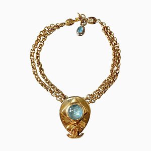 Vintage Statement Necklace with Gripoix Blue Stone and CC Mark Top from Chanel