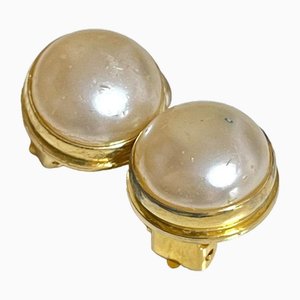 Vintage Small Round Faux Pearl Earrings with Golden Frame from Celine, Set of 2