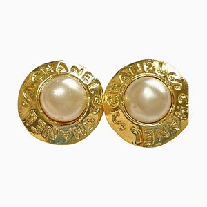 Vintage Golden Round Shape Faux Pearl Earrings with Cutout Logo from Chanel, Set of 2