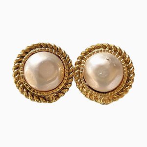 Vintage Golden Earrings with Pearl and CC Motif from Chanel, Set of 2