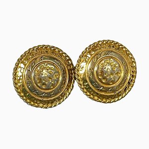 Vintage Golden Round Logo Earrings with Engraved Signature from Yves Saint Laurent, Set of 2