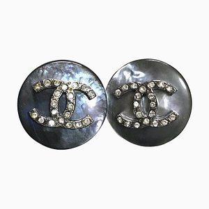 Vintage Black Shell Earrings with Rhinestone Crystal CC Motif from Chanel, Set of 2