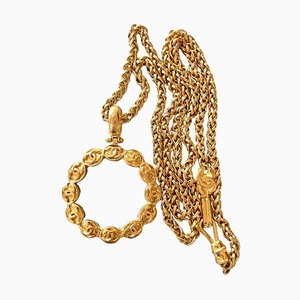 Vintage Long Chain Necklace with Round Glass Loupe Pendant Top and CC Motifs from Chanel