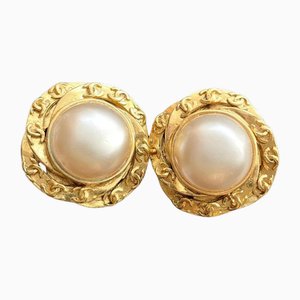 Vintage Golden Flower Frame and Pearl Earrings with CC Mark from Chanel, Set of 2