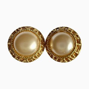 Vintage Golden Round Earrings with Faux Pearl and Logo Frame from Chanel, Set of 2
