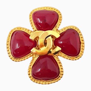 Vintage Gripoix Red Glass Golden Frame Brooch with CC Mark from Chanel