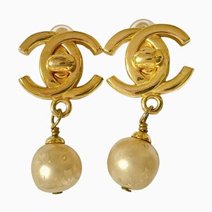 Vintage Golden Turn Lock Cc and Dangle Pearl Earrings from Chanel, Set of 2