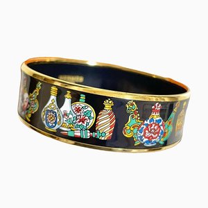 Vintage Cloisonne Enamel Golden Bangle with Black and Colorful Perfume Bottle Design from Hermes