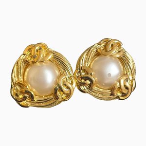 Vintage Large Golden Round Earrings with Faux Pearl and CC Motifs from Chanel, Set of 2