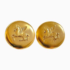 Hermes Vintage Gold Tone Round Earrings With Pegasus, Set of 2