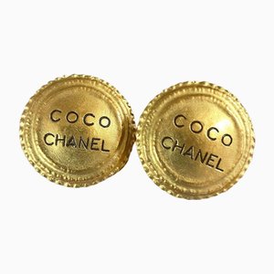 Vintage Golden Round Earrings with Logo from Chanel, Set of 2