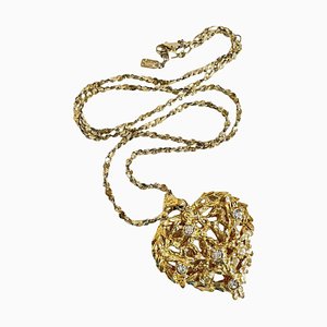 Vintage Golden Chain Long Statement Necklace with Arabesque Heart and Crystal Pendant Top from Yves Saint Laurent