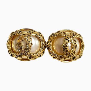 Vintage Large Golden Faux Pearl Cc Earrings with Mini Coco Marks from Chanel, Set of 2
