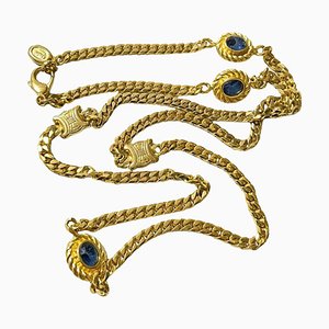 Vintage Gold Chain Long Necklace with Triomphe Charms and Blue Stones from Celine