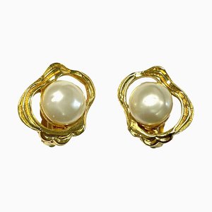 Vintage Gold Tone Oyster Earrings with Round Pearl from Chanel, Set of 2