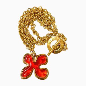 Vintage Thick Gold Chain Long Necklace with Orange Red Gripoix Flower Pendant Top from Celine