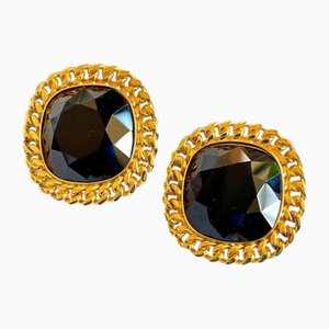 Aretes vintage de vidrio tallado con diamante negro con marco de cadena dorada de Celine. Juego de 2