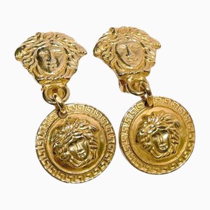 Vintage Gold Tone Medusa Face Motif Dangle Earrings from Gianni Versace, Set of 2