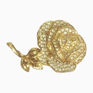 Rose Flower Shape Golden Brooch with Rhinestone Crystals by Christian Dior