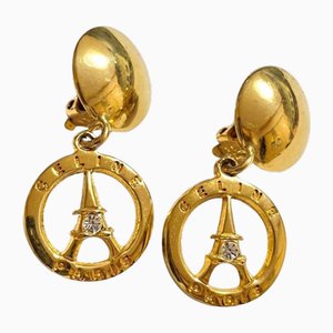 Vintage Golden Eiffel Tower Dangle Earrings with Crystal from Celine, Set of 2