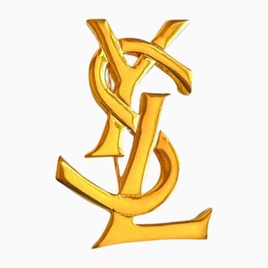 Goldene Vintage YSL Logo Brosche von Yves Saint Laurent
