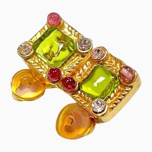 Orecchini Chanel vintage mini quadrati dorati con pietra Gripoix verde, rosa e trasparente, set di 2