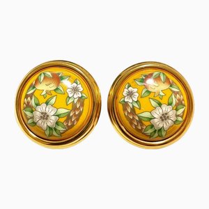 Hermes Vintage Cloisonne Enamel Yellow And Golden Round Earrings With Flower And Pomegranate, Set of 2