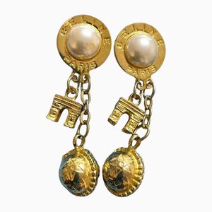 Boucles d'Oreilles Pendantes Vintage avec Cadre Rond Doré en Fausses Perles avec Breloque Triomphe et Boule Dorée de Celine, Set de 2