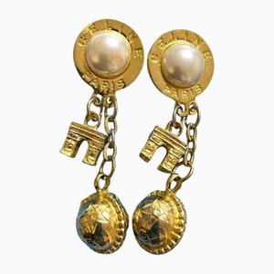 Vintage Golden Round Frame Faux Pearl Dangle Earrings with Triomphe and Golden Ball Charm from Celine, Set of 2