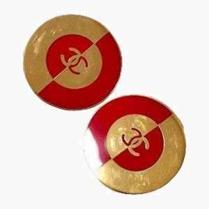 Vintage Red and Gold Round Geometric Design Earrings with CC Mark from Chanel, Set of 2