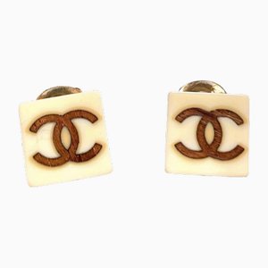 Vintage Ivory Color Square Earrings with Wooden CC Mark from Chanel, Set of 2