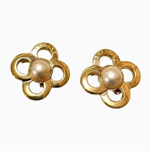 Vintage Golden Clover Flower Earrings with Faux Pearl from Celine, Set of 2