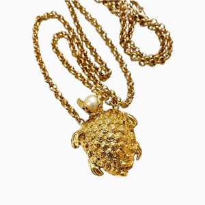 Vintage Golden Chain Statement Necklace with a Faux Pearl Head Golden Turtle from Yves Saint Laurent