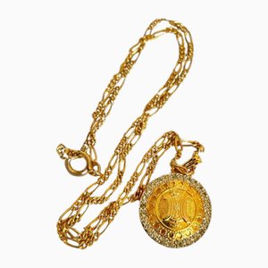 Celine Vintage Golden Round Logo with Rhinestone Pendant Top Skinny Chain Necklace