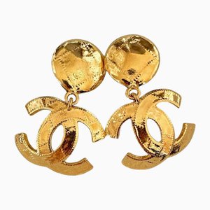 Chanel Vintage Golden Large Cc Dangle Earrings With Diagonal Stitch Design, Set of 2