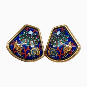 Boucles d'Oreilles Dorées Vintage en Émail Cloisonné avec Motif Océan Bleu, Coquillage Coloré et Corail Rouge de Hermes, Set de 2