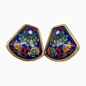 Vintage Cloisonne Emaille Goldene Ohrringe mit Blauem Ozean, Bunten Muscheln Und Roter Koralle von Hermes, 2 . Set