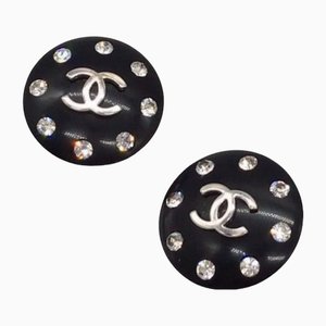 Vintage Black Plastic Earrings with Rhinestone Crystals and CC Motif from Chanel, Set of 2