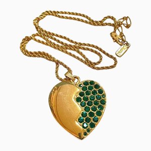 Vintage Golden Chain Necklace with Heart and Green Crystal Pendant from Yves Saint Laurent