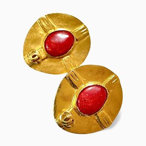 Boucles d'Oreilles Ovales Dorées Vintage avec Pierre Rouge et Marque CC de Chanel, Set de 2