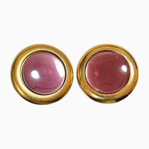 Vintage Golden Round Earrings with Pink Gripoix Glass from Yves Saint Laurent, Set of 2