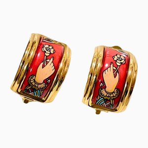 Vintage Golden Cloisonne Enamel Earrings with Hand Holding a Flower and Pink Design from Hermes, Set of 2