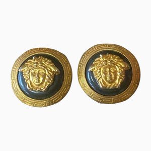 Vintage Black and Gold Candy Earrings with Medusa Face from Gianni Versace, Set of 2