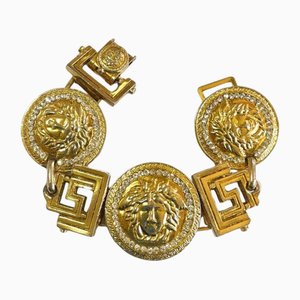 Vintage Gold Tone Medusa Face Motif Bracelet with Crystals