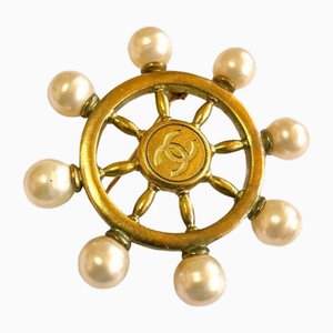Vintage Golden Ship Rudder Design Brooch with Faux Pearls and CC Mark from Chanel
